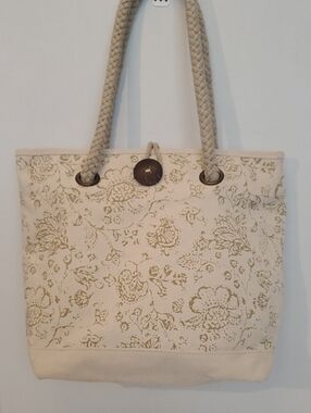 Source Unknown Cream Floral Canvas Tote with Braided Rope Handles
